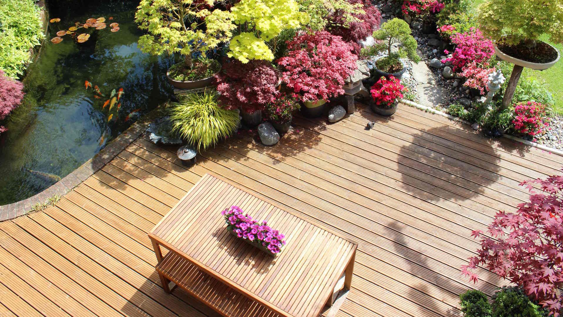Holzterrasse aus Terrassendielen mit Pflanzkübeln, Draufsicht